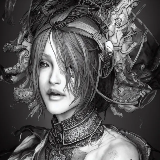 Image similar to the portrait of neutral female dark knight vagabond as absurdly beautiful, gorgeous, sophisticated, young gravure idol, an ultrafine hyperdetailed illustration by kim jung gi, irakli nadar, intricate linework, bright colors, octopath traveler, final fantasy, unreal engine 5 highly rendered, global illumination, radiant light, detailed and intricate environment