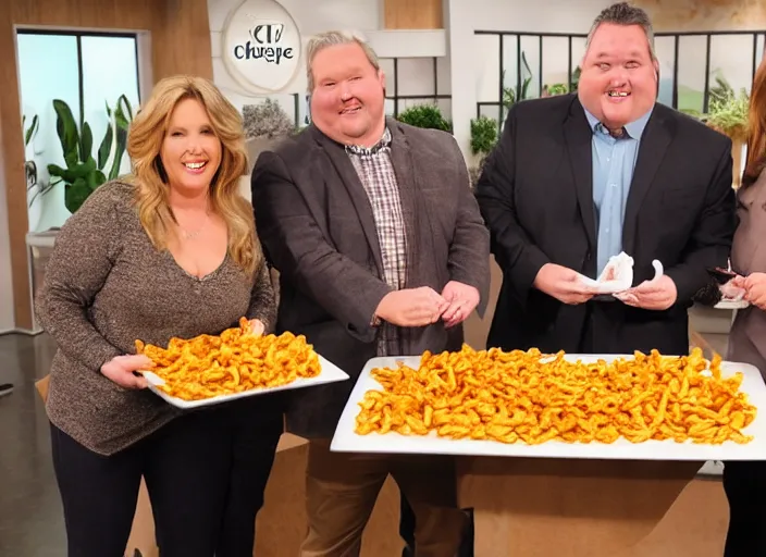 Prompt: qvc tv show product showcase pile of nasty chili cheese fries, chunky fat sales men, studio lighting, limited time offer, call now, extremely detailed, horror, 4 k, hd