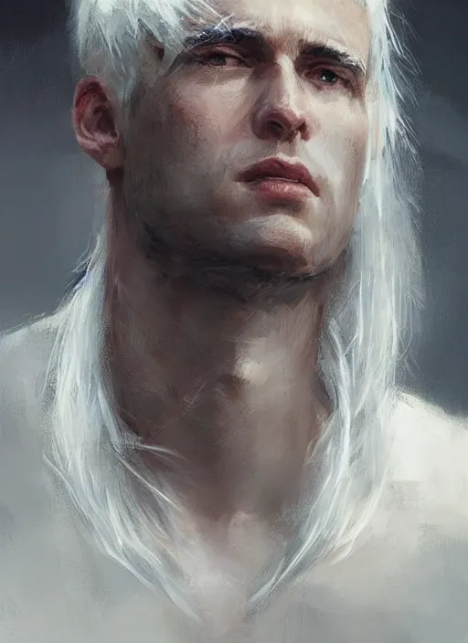 Prompt: handsome young man, white hair, fringy bangs, clean shaven, by jeremy mann, by greg rutkowski, by noah bradley, digital painting