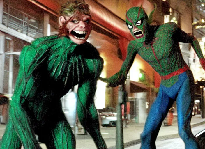 Image similar to film still of Willem Dafoe as Green Goblin in Spider-man 2002