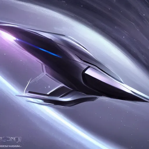 Prompt: a distant photo of a futuristic aston martin concept spaceship with clean lines, gunmetal grey paint : : flying through a supernova at extreme speeds : : concept art, trending on artstation, speedpaint