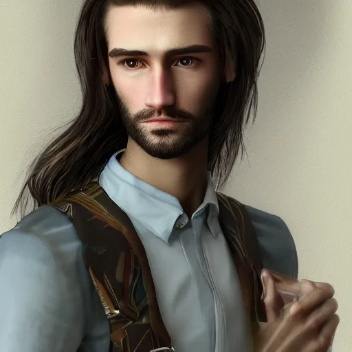 Prompt: a handsome man wearing a travel outfit by olivia malone, long hair, amazingly detailed, fantastic detailed eyes, pretty face, aged 2 5, swedish, photo realistic, photograph, 3 5 mm, octane render, trending on artstation