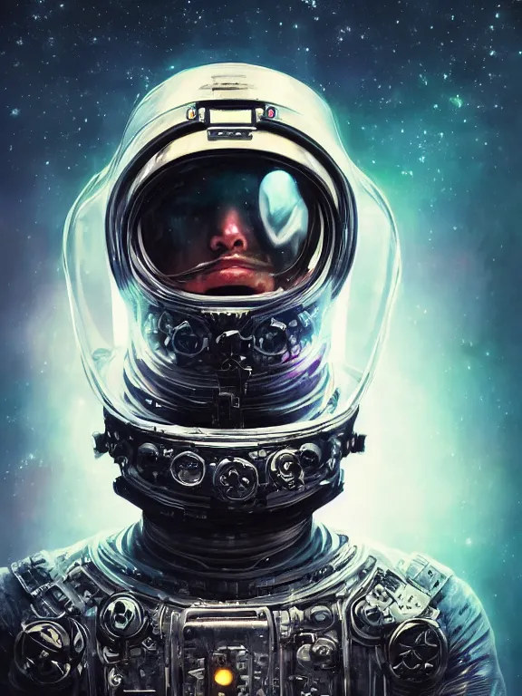 Image similar to portrait art of 8k ultra realistic retro futuristic astronaut, helmet visor open, glow around helmet, deep space , detailed intricate ornate armour,blade runner, cybernetic, full of colour, cinematic lighting, trending on artstation, 4k, hyperrealistic, focused, extreme details,unreal engine 5, cinematic, masterpiece, art by ayami kojima, giger