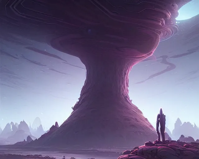 Prompt: professional ominous concept art of an alien planet landsacpe by artgerm and greg rutkowski ( thin white border ). an intricate, elegant, highly detailed digital painting, concept art, smooth, sharp focus, illustration, in the style of simon stalenhag wayne barlowe, igor kieryluk.