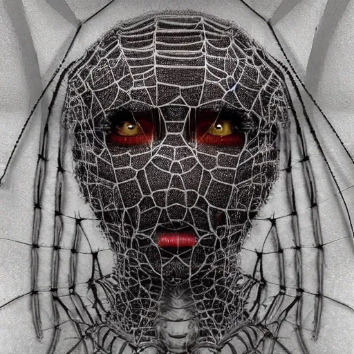 Image similar to a human face made of different spiders, detailed, creepy, scary