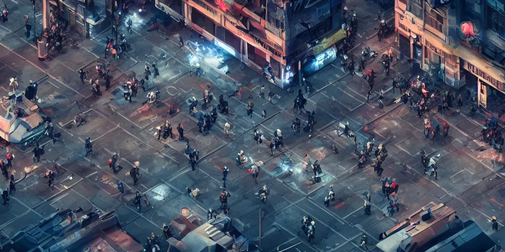 Prompt: aerial isometric photo, riot in a cyberpunk city, police use special equipment against the crowd on a square, hyper detail, evening, police sirens in smoke, dark environment, ocatne, unreal engine 5, render, digital art