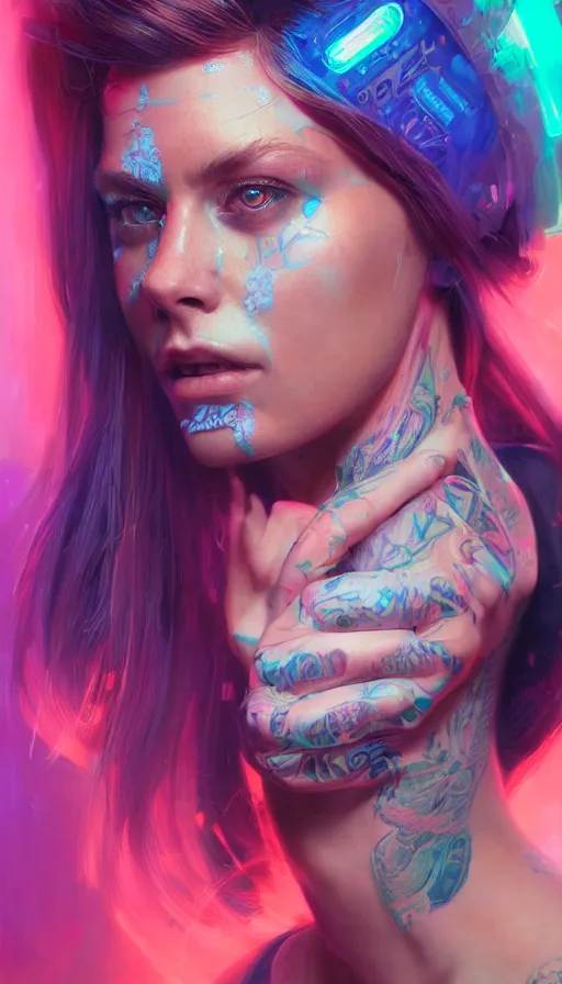 Prompt: a stunning highly detailed digital portrait of a cyberpunk woman in strong lighting, tattoos and electronics, neon reflections, pastel colors, by mandy jurgens, highly detailed, oil on canvas