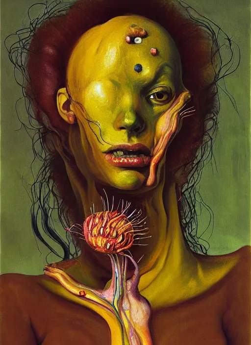 Image similar to Oil painting - She Eats of the Strangling Fruit and Her gossamer polyp blossoms bring iridescent fungal flowers whose spores like cordyceps black the foolish stars by Lucian Freud and Jenny Saville, Abstract brush strokes, Masterpiece, Edward Hopper and James Gilleard, Zdzislaw Beksinski, Mark Ryden, Wolfgang Lettl highly detailed, hints of Yayoi Kasuma