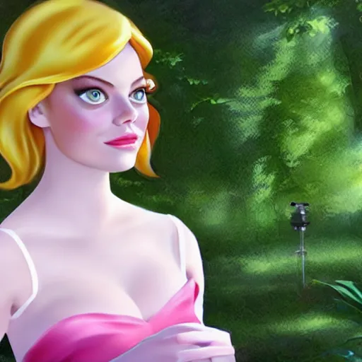 Image similar to emma stone as a disney princess, professional studio lightening, volumetric lightening, photorealism