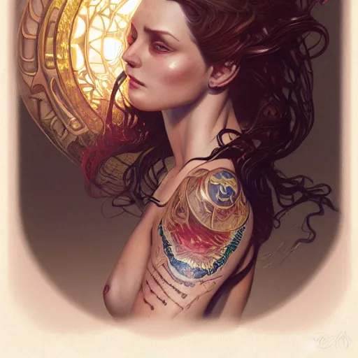 Image similar to ultra realistic illustration, a hot and beautiful tattooed extraterrestrial woman, intricate, elegant, highly detailed, digital painting, artstation, concept art, smooth, sharp focus, illustration, art by artgerm and greg rutkowski and alphonse mucha