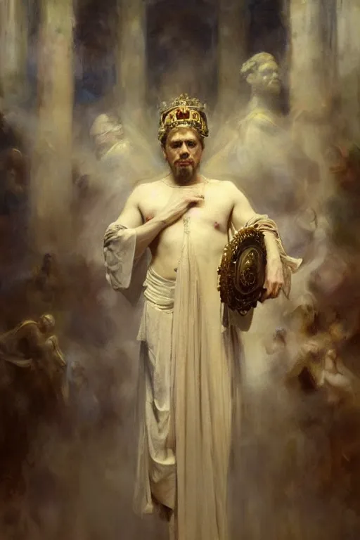 Image similar to beautiful impressionistic oil painting portrait of ancient roman god emperor steve buscemi ascending wearing the civic crown levitating in religious pose, art by anders zorn, wonderful masterpiece by greg rutkowski, expressive brush strokes, beautiful cinematic light, american romanticism by greg manchess, jessica rossier