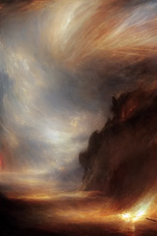 Image similar to things fall apart ; the centre cannot hold ; mere anarchy is loosed upon the world, the blood - dimmed tide is loosed, and everywhere the ceremony of innocence is drowned ; in the style of turner, in the style of carrivaggio, 8 k resolution, artgerm, artstation, deviantart, epic digital art, atmospheric