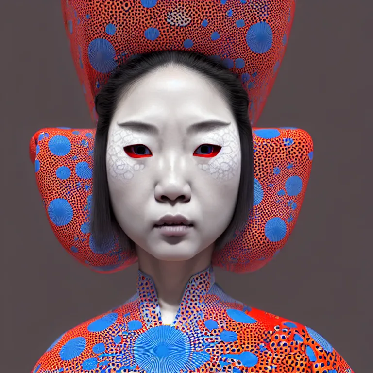 Image similar to hyperrealistic detailed image of a geisha in a art installation room, hd smooth interior by yayoi kusama, part by kei mieno, part by ross tran, dark art by james jean, ultra realistic, highly detailed, life like face, detailed body, 8 k, 3 d render by roger magrini, masterpiece