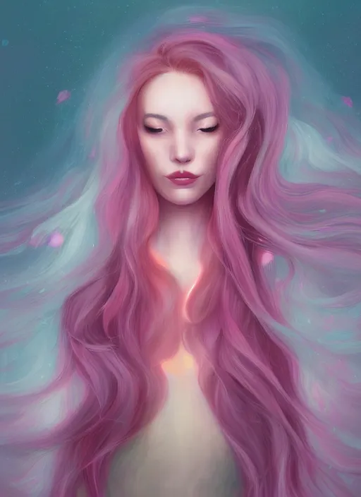 Prompt: digital painting, half body portrait, glowing woman, pink and grey clouds, flowing hair, by lois van baarle, by loish, trending on artstatio