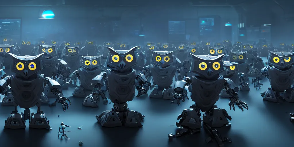 Image similar to an army of evil, malevolent, robot mechincal owls surrounded by computers and computer screens. this 4 k hd image is trending on artstation, featured on behance, well - rendered, extra crisp, features intricate detail and the style of unreal engine. volumetric lighting