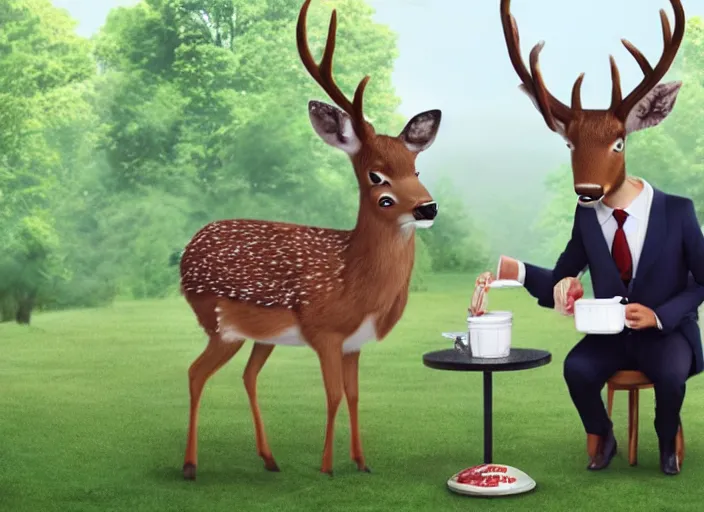 Image similar to a very high resolution image from a new movie, two deer wearing suits are eat instant noodles in a shabby temple