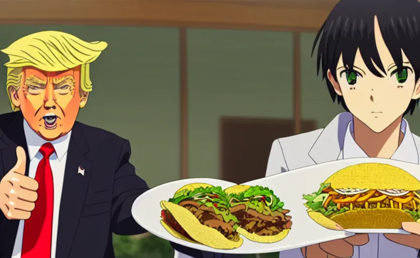 Image similar to beautiful makoto shinkai anime style digital film still portrait of donald trump giving a thumbs up behind a taco bowl, 4 k, 8 k, hd, high resolution, highly detailed, intricate detail, ultra realistic faces, digital art, trending on artstation, your name, weathering with you