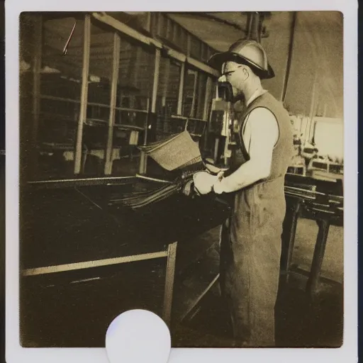 Image similar to a polaroid photo of man doing sort things into sort machines in sortation center warehouse, he's wearing blue cloth and construction hat,, photo from behind, highly details, perfect face shape, cinematic lighting,