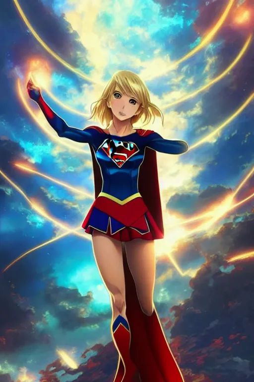 Image similar to anime key visual of a beautiful female supergirl!! intricate, red, blue gold suit, powers, speed, dc comics, cinematic, stunning, highly detailed, digital painting, artstation, smooth, hard focus, illustration, art by artgerm and greg rutkowski and alphonse mucha