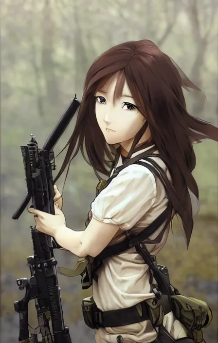 Image similar to infantry girl, anime style, symmetrical facial features long hair, hair down, under heavy fire, smoke explosions, visual novel art, alpha background, hyper realistic, pale skin, rule of thirds, extreme detail, 4 k, detailed drawing, trending artstation, realistic lighting, by alphonse mucha, greg rutkowski, sharp focus, backlit, fast helmet