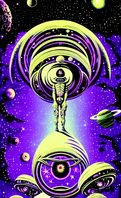 Prompt: trippy aliens, enchanted cosmic galaxy, stars in the sky, space ship, psychedelic, wide angle shot, white background, vector art, illustration by frank frazetta and salvador dali