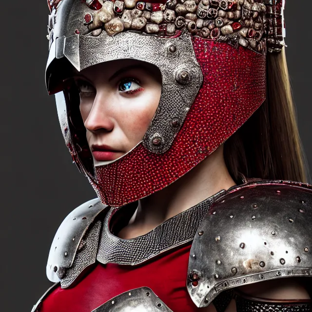 Image similar to full body photo of a beautiful cute strong warrior queen wearing ruby encrusted armour, highly detailed, 8 k, hdr, smooth, sharp focus, high resolution, award - winning photo