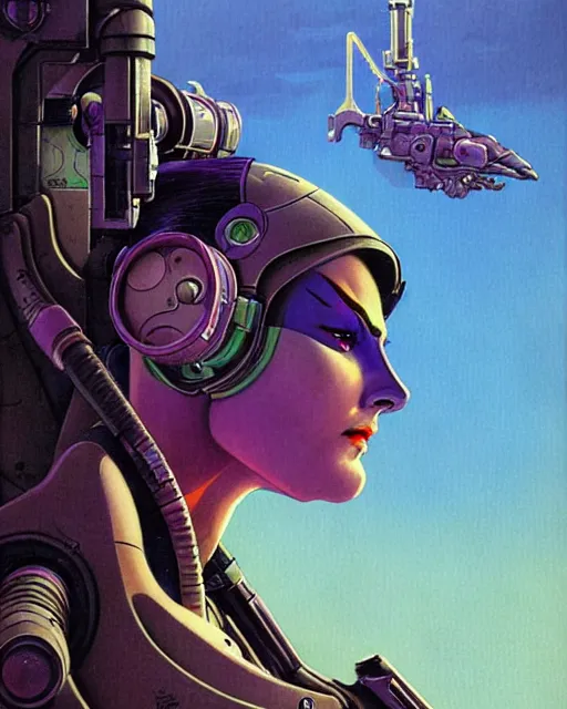 Image similar to widowmaker from overwatch, character portrait, portrait, close up, concept art, intricate details, highly detailed, vintage sci - fi poster, retro future, in the style of chris foss, rodger dean, moebius, michael whelan, and gustave dore