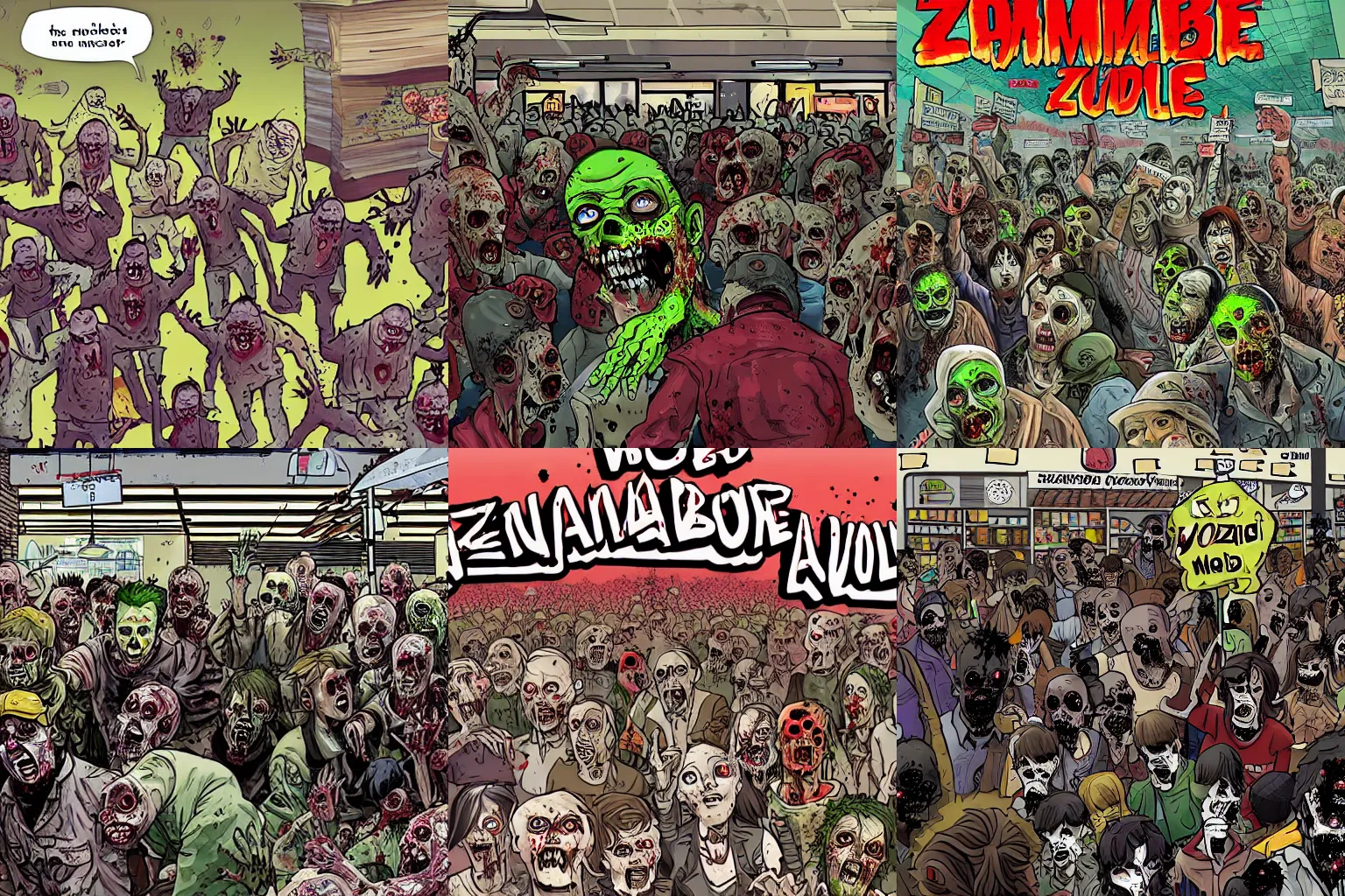 Prompt: zombie apocalypse, in supermarket, people being swarmed by horde of zombies, epic illustration
