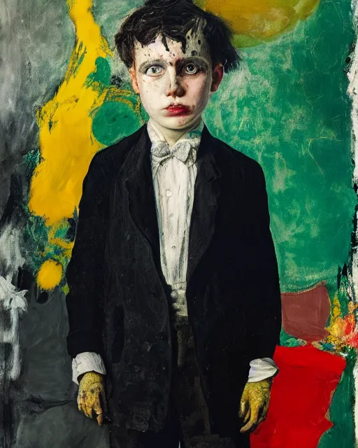 Prompt: portrait of a child in tuxedo painted by vincent lefevre and hernan bas and pablo amaringo and pat steir and hilma af klint, background in high definition 3 d, psychological, photorealistic, dripping paint, washy brush, rendered in octane, altermodern, masterpiece