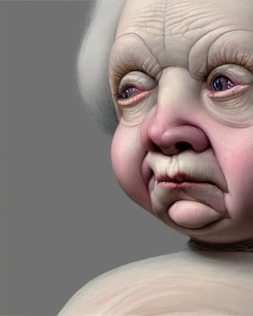 Prompt: highly detailed closeup, face profile portrait of a chubby porcelain white hair old wrinkled woman doll, hyper realistic, artstation, illustration, nicoletta ceccoli, mark ryden, lostfish, dan decarlo, bob clampett, max fleischer, digital paint, matte paint, vivid colors, detailed and intricate environment