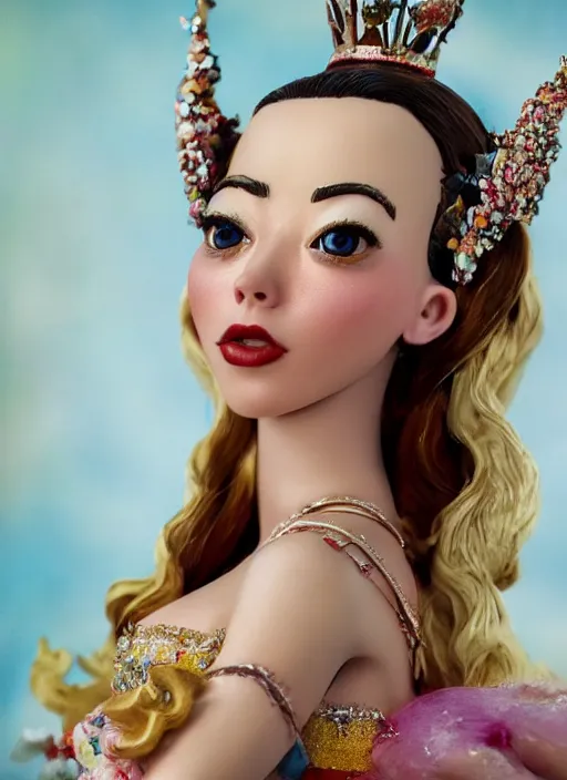 Image similar to closeup face profile portrait of tin toy amber heard as a fairytale princess wearing a crown eating cakes, bikini, depth of field, zeiss lens, detailed, symmetrical, centered, fashion photoshoot, by nicoletta ceccoli, mark ryden, lostfish, breathtaking, 8 k resolution, extremely detailed, beautiful, establishing shot, artistic, hyperrealistic, octane render