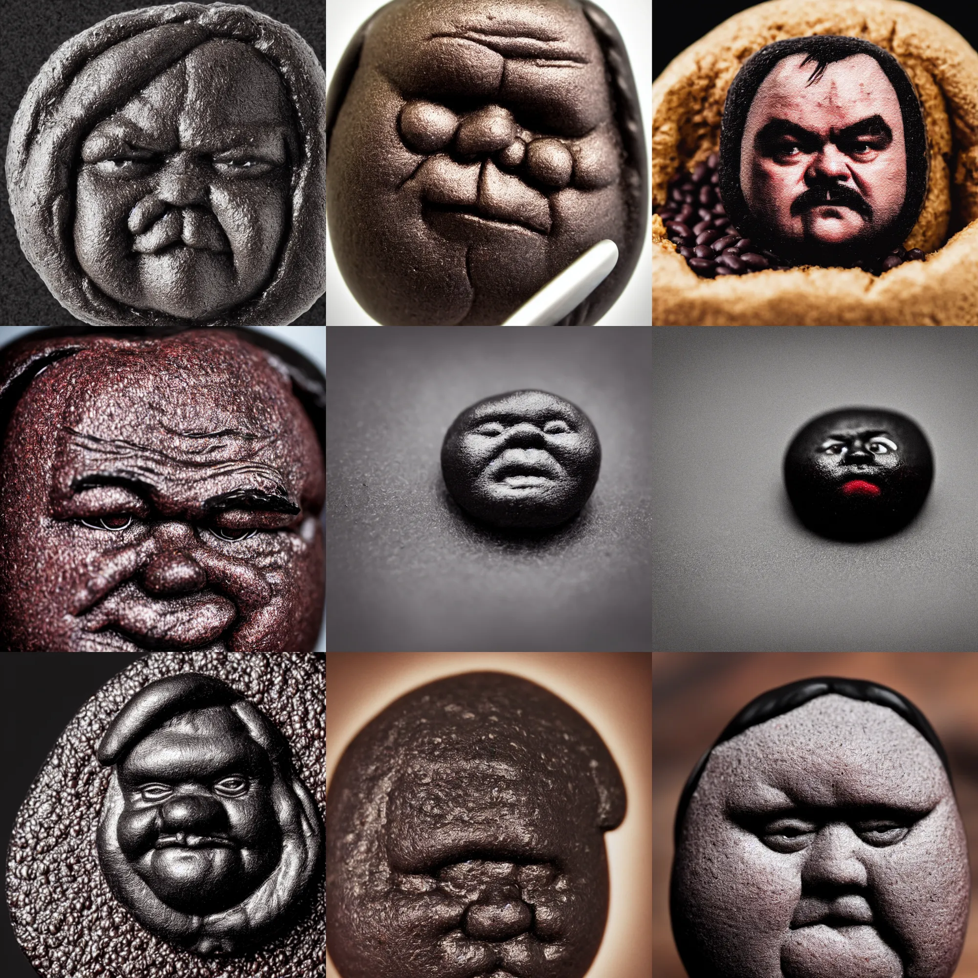 Prompt: a black bean with the face of jack black on it, jack black's face, macro shot, tilt - shift photography, high detail