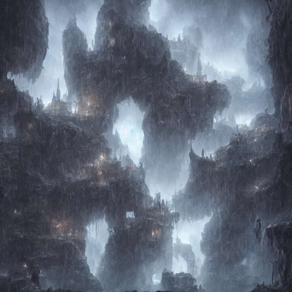 Image similar to a fantasy city built within a vast cave, illustration, raining, dark and moody lighting, digital art, fantasy, 8 k, trending on artstation, detailed