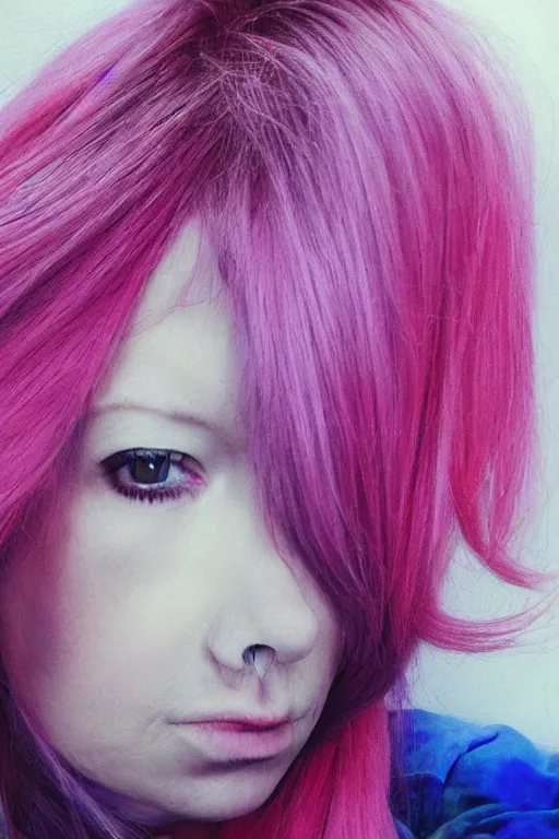 Image similar to “portrait of a depressed female multi-millionaire, pink and blue hair, surrealist”