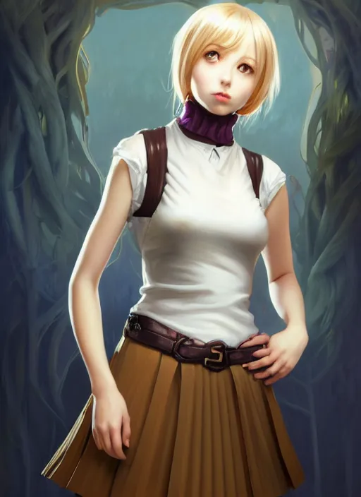 Image similar to portrait of a full body of beautiful young female detective, d & d, sleeveless turtleneck, pleated skirt, fantasy, flat lighting, intricate, highly detailed, digital painting, artstation, concept art, smooth, sharp focus, illustration, misa amane, art by simon bisley and greg rutkowski and alphonse mucha, natural tpose