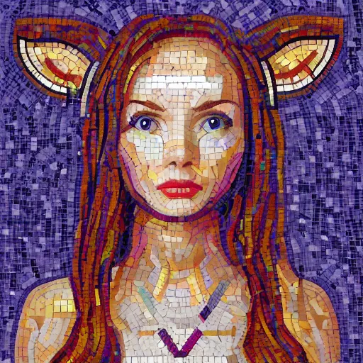 Image similar to portrait mosaic of a beautiful cute girl with robot ears and eyes by Emma Biggs, 4k, intricate details, digital, between heaven and hell