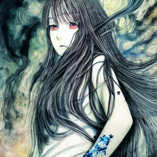 Prompt: yoshitaka amano realistic illustration of a manga girl with black eyes and long wavy white hair wearing dress suit with tie and surrounded by abstract junji ito style patterns in the background, blurry and dreamy illustration, noisy film grain effect, highly detailed, oil painting with expressive brush strokes, weird portrait angle