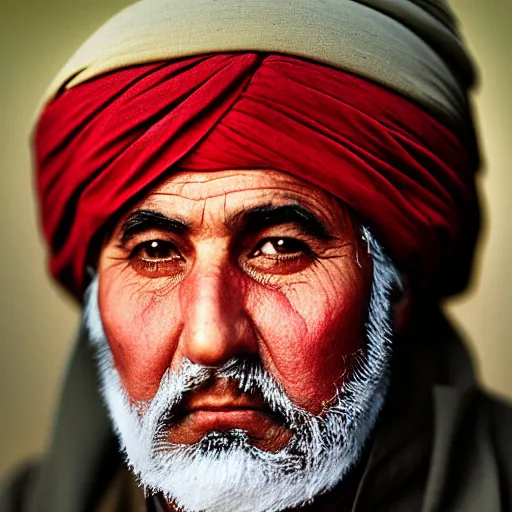 Prompt: portrait of president millard fillmore as afghan man, green eyes and red turban looking intently, photograph by steve mccurry