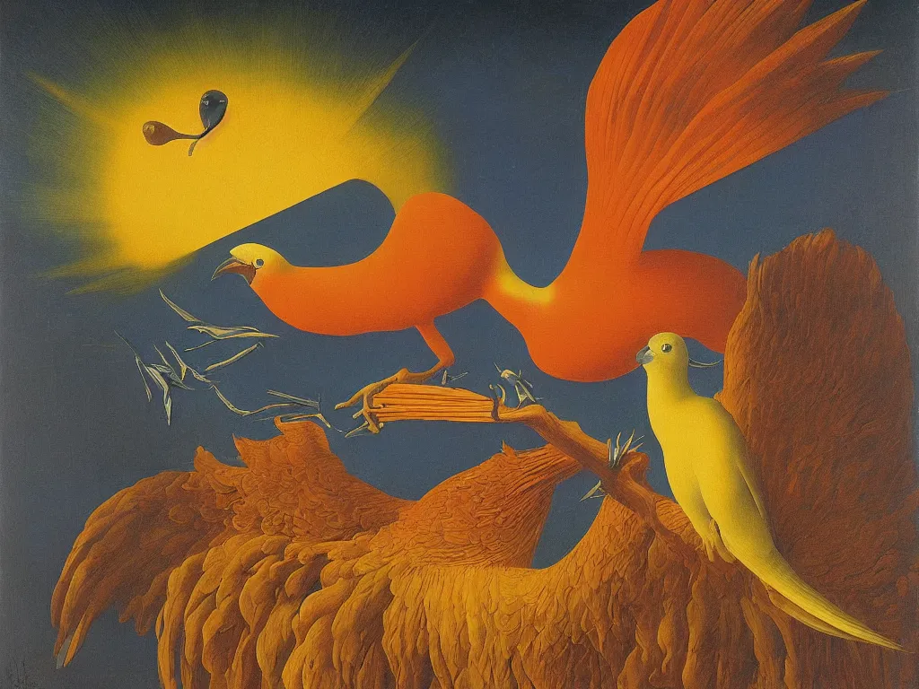 Image similar to beautiful exotic bird is covering the sun. Jan van Eyck, Audubon, Rene Magritte, Agnes Pelton, Max Ernst, Walton Ford