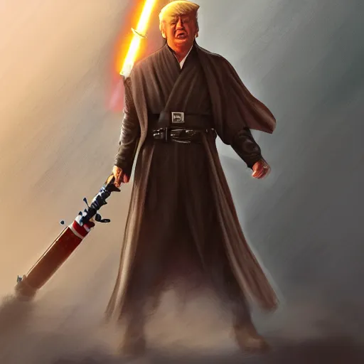 Image similar to Donald Trump as a jedi hero, capitol hill, post-apocalyptic, cinematic, atmospheric, highly detailed, artstation, Emanuel Leutze, Carl Wahlbom