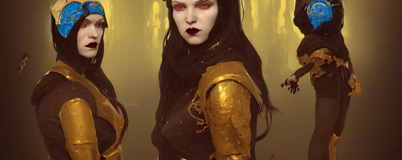 Image similar to duotone marble noir illustration 3 / 4 portrait of orianna bruxa vampire from witcher 3 darker ginger hair and headband in and brown clothes with golden ornaments. by sachin teng and sergey kolesov and ruan jia and heng z. graffiti art, scifi, fantasy, hyper detailed. octane render. concept art. trending on artstation