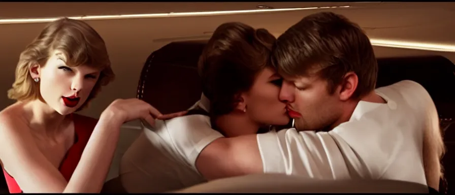 Prompt: Cinematography Taylor Swift kissing her private jet by Emmanuel Lubezky