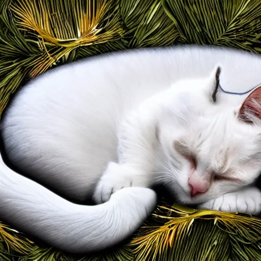 Image similar to a superhero white cat with spandex suit and cape sleeping curled up on bed of pine needles, digital art