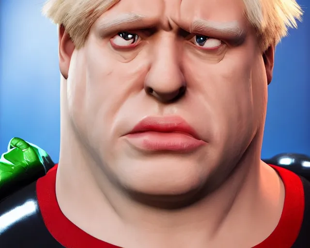 Image similar to boris johnson as mr incredible, character art, by various concept artists, redshift render, hyperrealistic face, photorealistic render