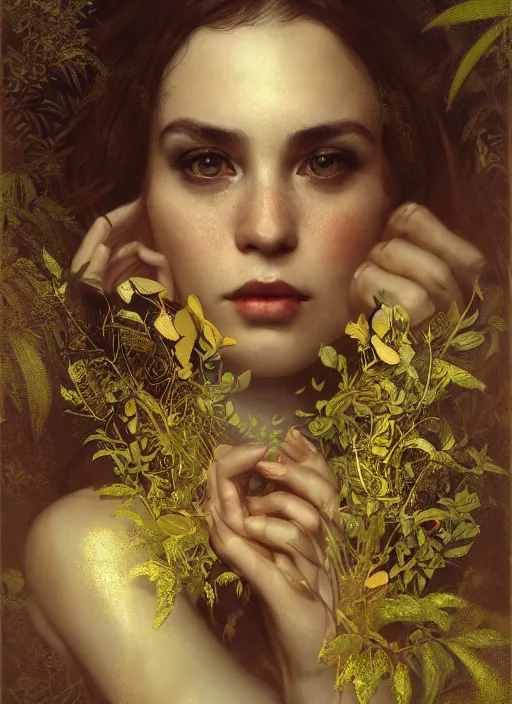 Image similar to hyper realistic photographer looking through a vintage medium format camera, design on white background, beautiful details, lush foliage cyberpunk, gold, drawn by john singer sargent, tom bagshaw, norman rockwell, alphonso mucha, lolish, trending on artstation