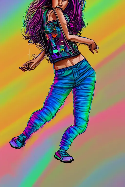 Image similar to a award winning half body portrait of a beautiful woman with stunning eyes in a printed croptop and cargo pants with rainbow colored ombre hairstyle head in motion and hair flying by josan gonzales, outrun, vaporware, shaded flat illustration, digital art, trending on artstation, highly detailed, fine detail, intricate