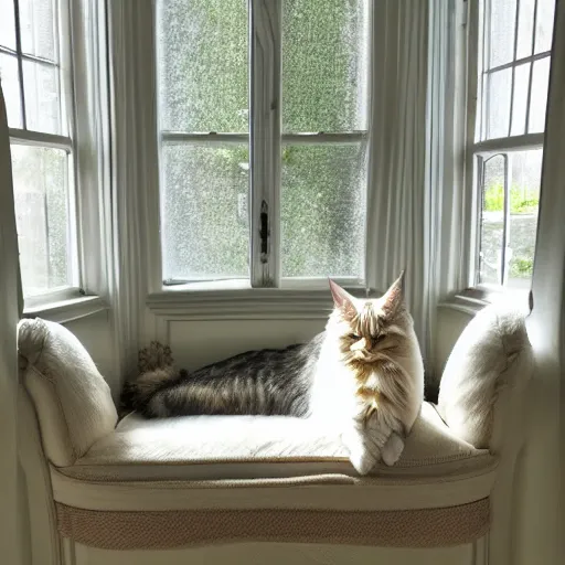 Prompt: cream color maine coon cat curled up, bay window sofa, in style of Blanchard Antoine