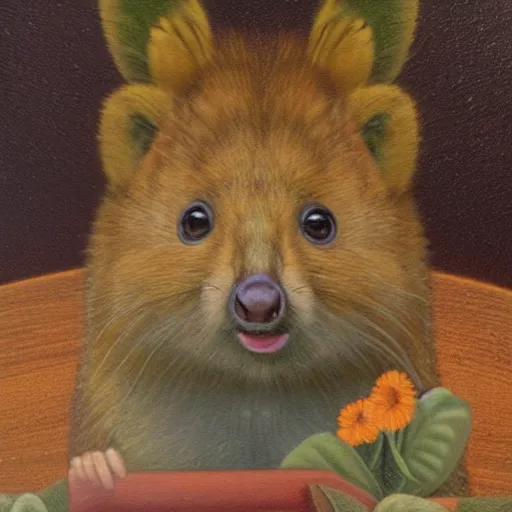 Image similar to detailing portrait oil painting of quokka in the style of grant wood, perfect lighting