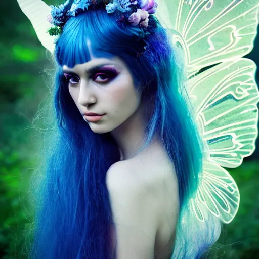 Prompt: portrait by bella kotak, high fashion model who looks like gia carangi, beautiful fairy, translucent butterfly fairy wings, a forest clearing in the background, luminescent holographic colors, otherworldly, high fantasy art, soft glow, iridescent colors, ethereal aesthetic, intricate design, fae elements, detailed shiny blue hair, whimsical, atmospheric,