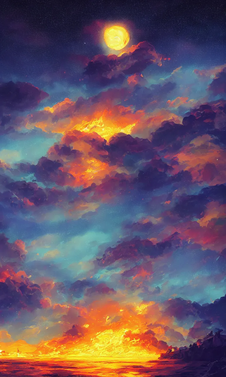 Image similar to a beautiful painting of fire sea, starry sky, moon, cloud, by liam wong and yuumei and yanjun chen, trending on artstation